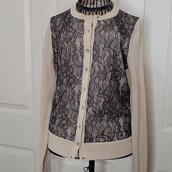 LOFT Tan Cardigan with Black Lace Bodice Size XS - Picture 7 of 9
